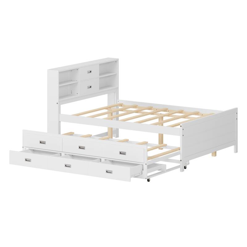 Full/Twin Size Captain Bed with Storage Bookcase Headboard,Captain bed with Trundle and Three Storage Drawer