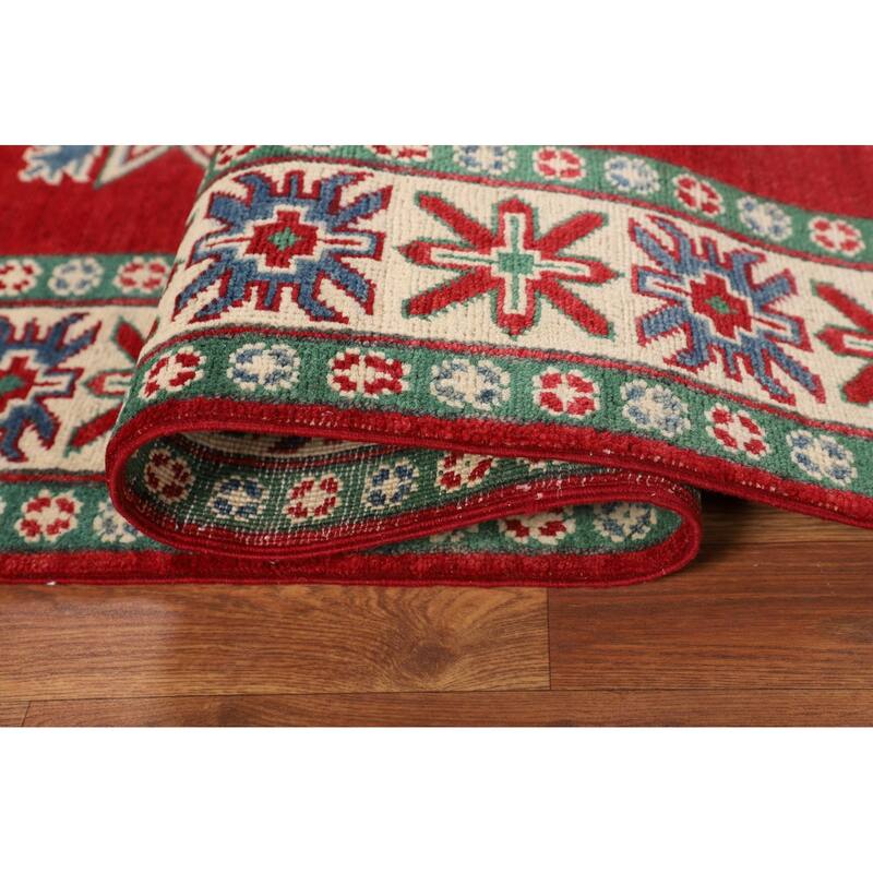 Red Kazak Oriental Area Rug Hand-Knotted Geometric Wool Carpet - 5'0" x 6'7"
