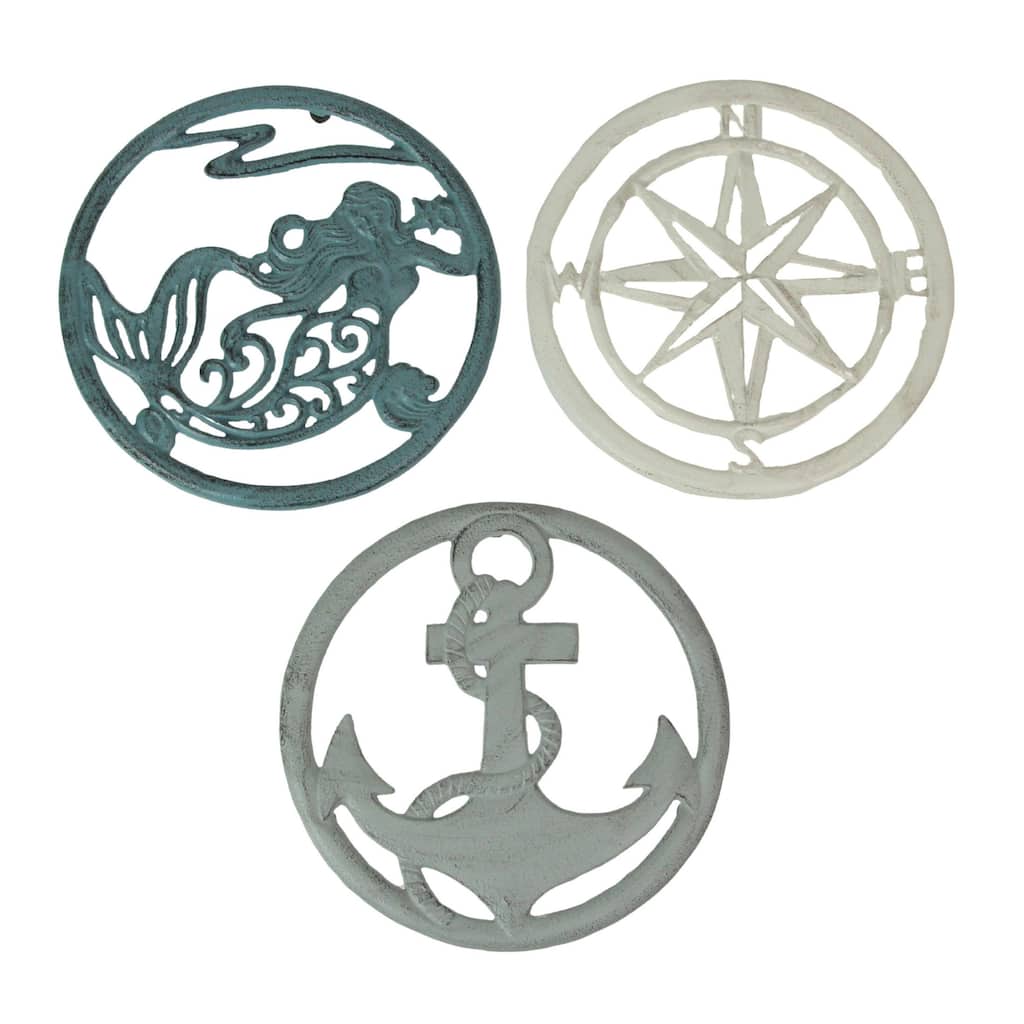 Zeckos Cast Iron Mermaid Anchor Compass Rose Kitchen Trivet (Set Of 3) - 0.75 X 7.75 X 7.75 inches