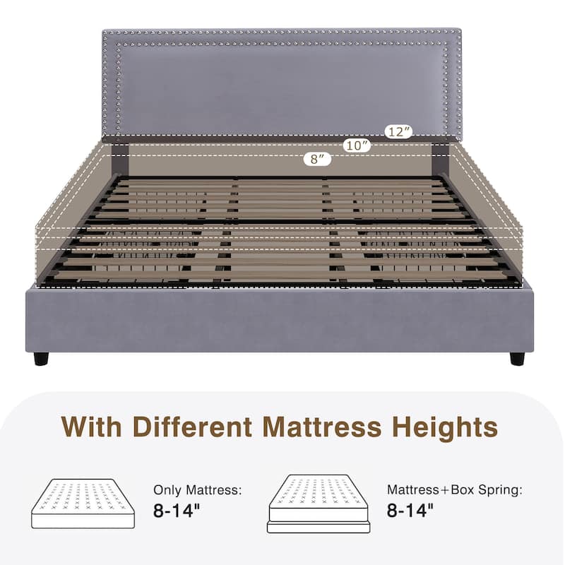 VECELO Upholstered Storage Bed Frames with 4 Storage Drawers Platform Bed Frame with Adjustable Velvet Rivets Headboard