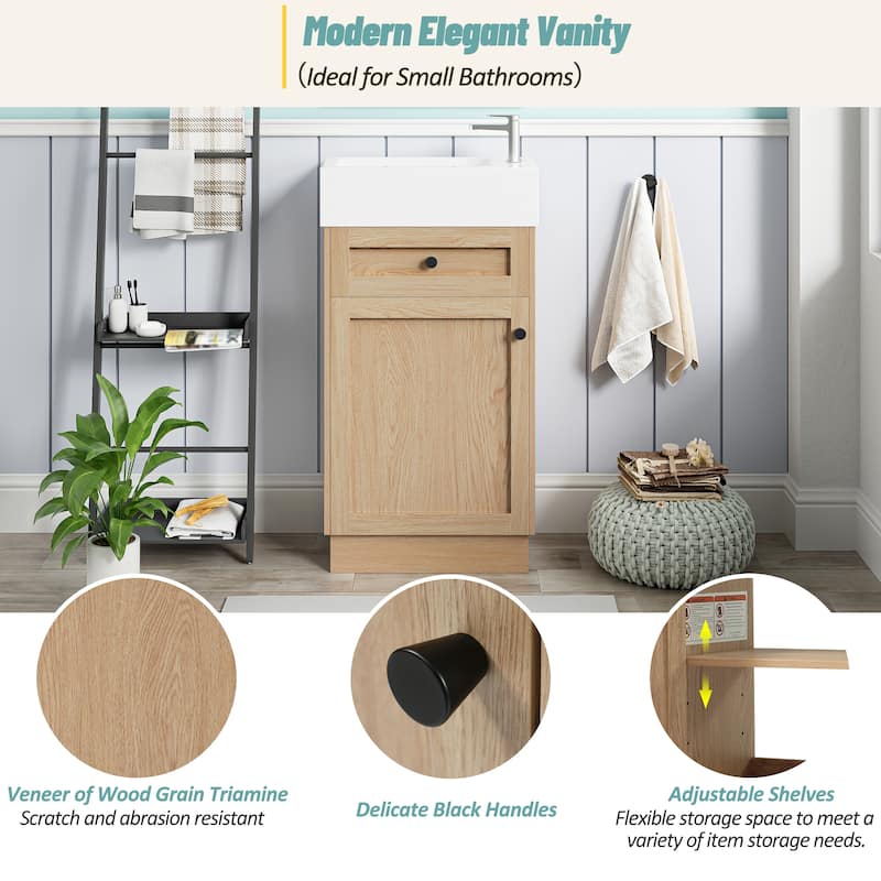 18.5" Bathroom Vanity with Resin Sink, MDF Cabinet, Adjustable Shelf, Reversible Door, Rustic Style for Small Spaces