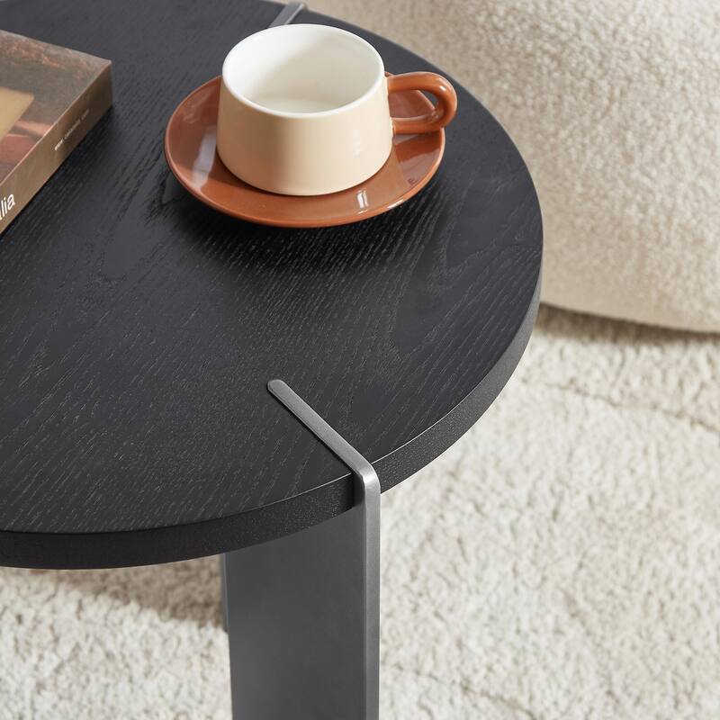 Round Coffee Table with Walnut Wood Surface and Black Metal Feet