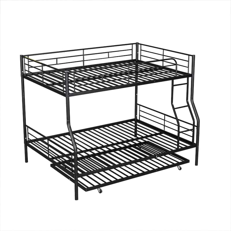Full XL Over Queen Bunk Bed with Trundle, Metal Bunk Beds with Ladder & High Guardrail, Able to