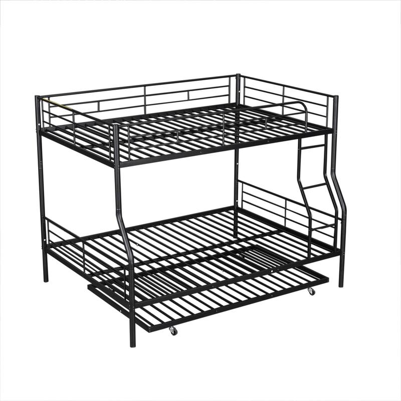 Metal Bunk Bed with Trundle and Guardrail, Convertible to Two Beds