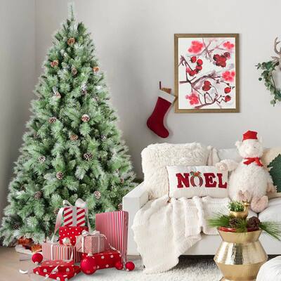 8FT Christmas Tree with 102 Pine Cones - 1858Tips, Mixed PVC & Hard Needle Branches, Hinged Structure,Metal Stand