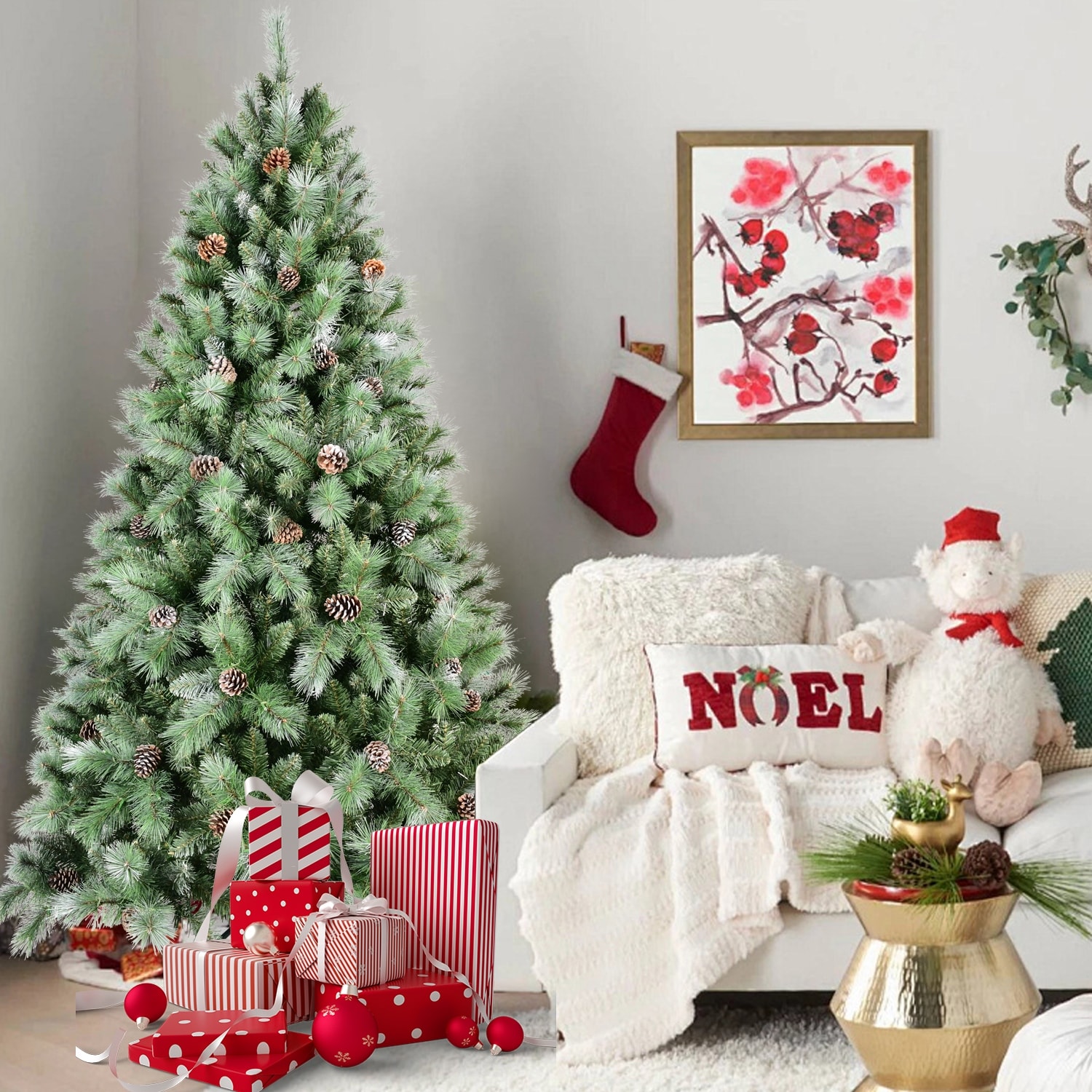 Artificial Christmas Tree - PVC & Hard Needle Branches, Pine Cones, Hinged Structure, Metal Stand - Green