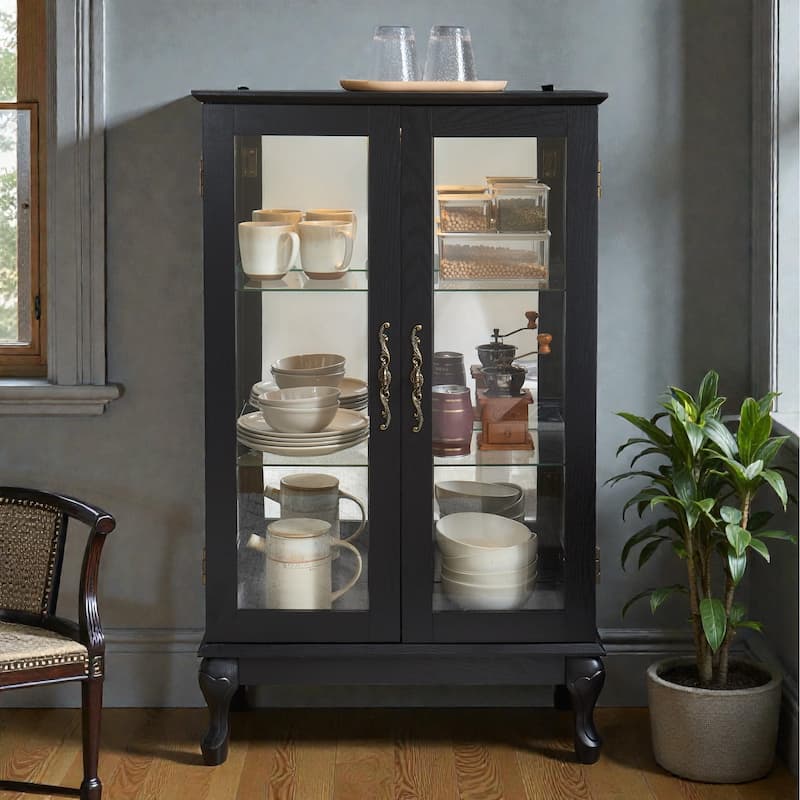 Lighted Curio Cabinet with Tempered Glass Doors, Vintage Display Cabinet with Mirrored Back and Adjustable Shelves - Black