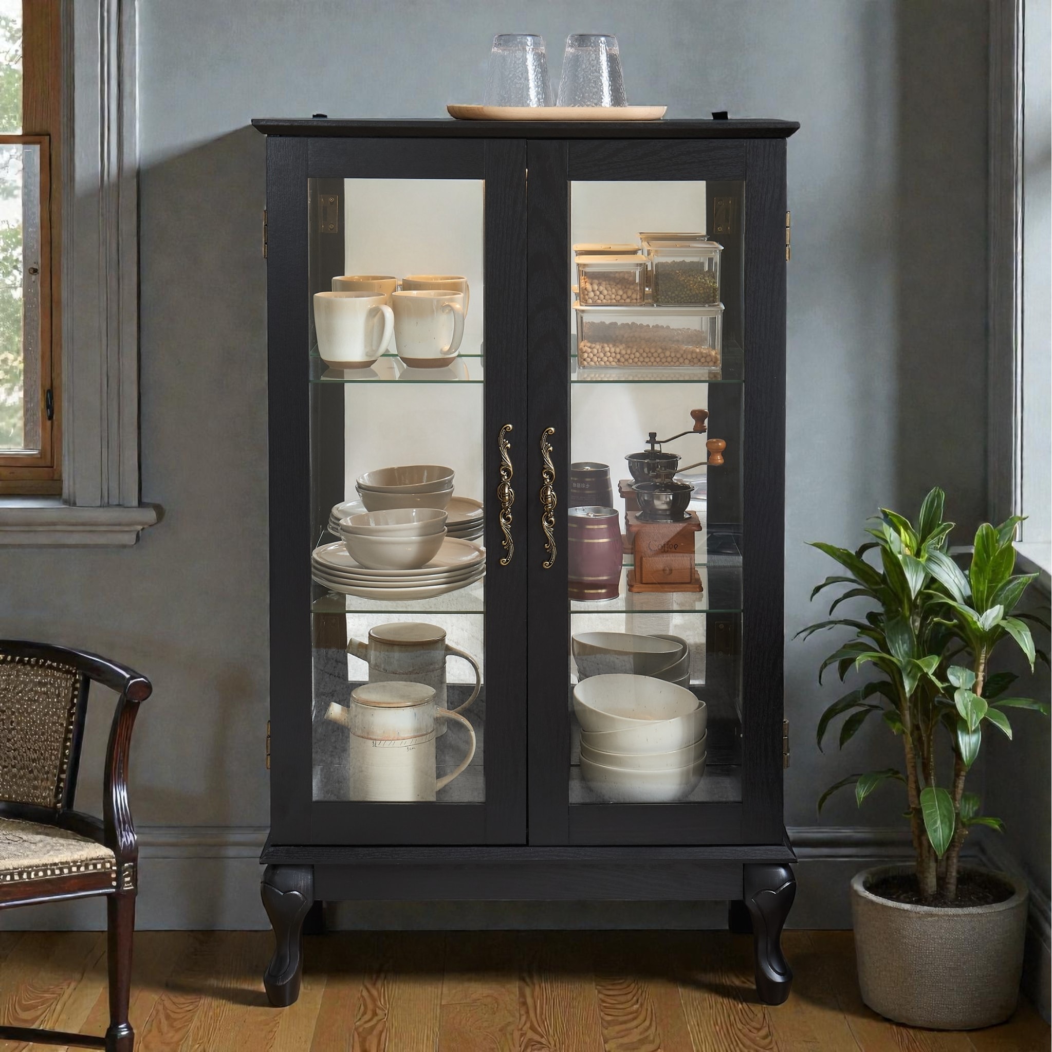 Lighted Curio Cabinet with Tempered Glass Doors, Vintage Display Cabinet with Mirrored Back and Adjustable Shelves