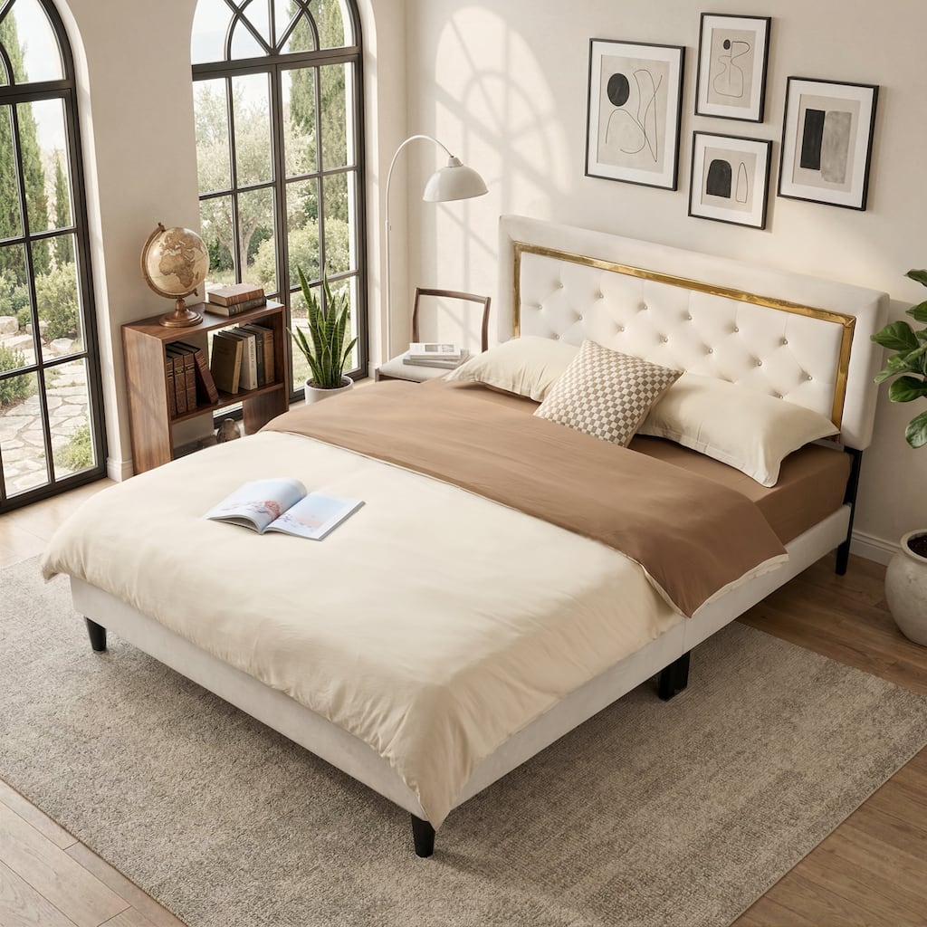 OVIOS Platform Bed Frame with Gold Trim & Button-Tufted Headboard
