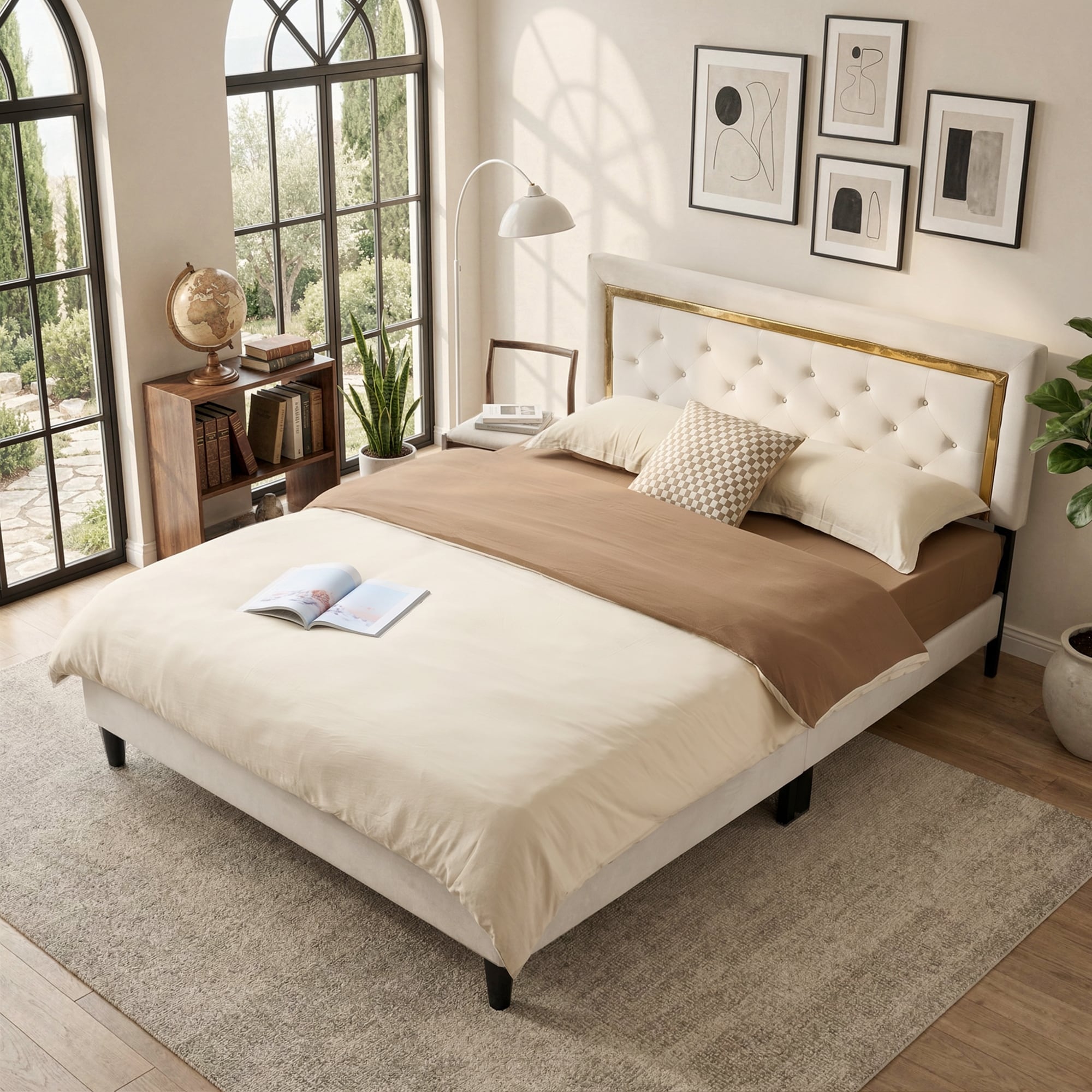 OVIOS Platform Bed Frame with Gold Trim & Button-Tufted Headboard