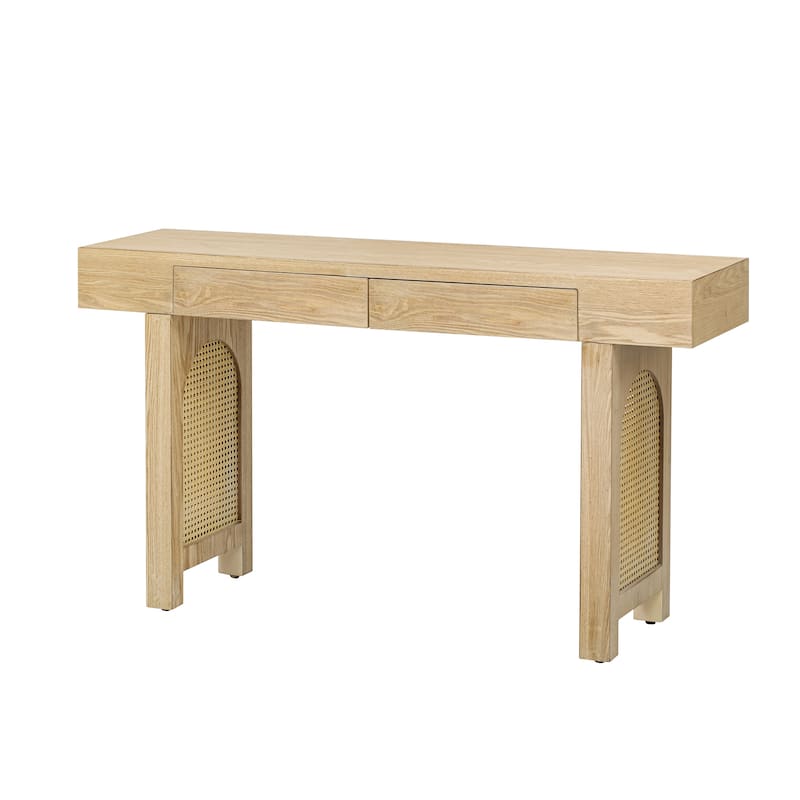 Narrow Console Table with Rattan Accent, Entryway Table with 2 Storage Drawers, Sofa Side Table with Wooden Top