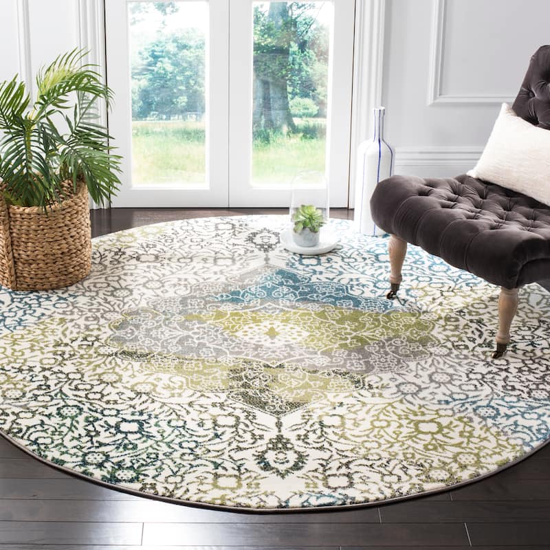 SAFAVIEH Watercolor Sierra Modern Abstract Medallion Rug - 6'7" Round - Ivory/Peacock Blue