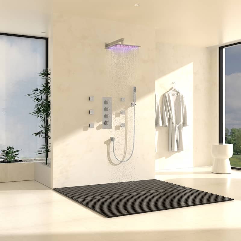 Luxury Thermostatic Shower System 3-Spray Patterns 12" Wall Mount Rain Dual Shower Heads with LED and 6 Body Jets in Chrome - Chrome