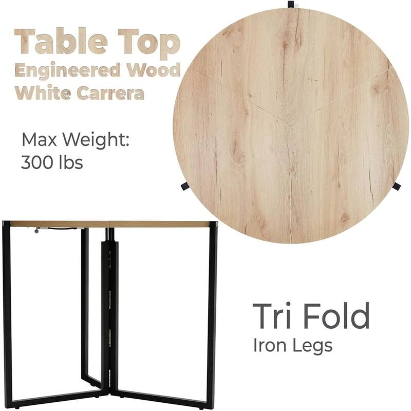 Natural Foldable Round Trifold Table 35" Space Saving Multi Use Design