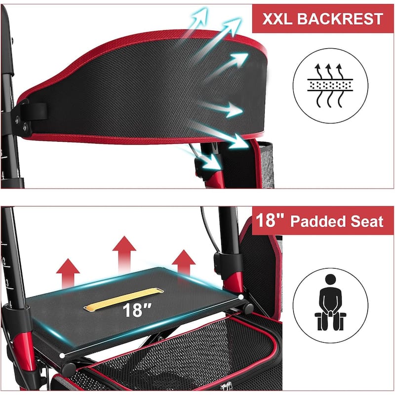 Walkers for Seniors, Rollator Walker with Seat, 350 lb Weight Capacity, 18" Big Seat, 8" All-Terrain Wheels - Red