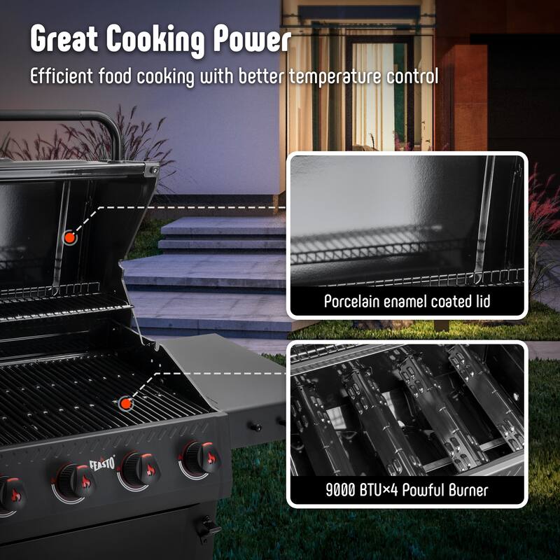 Feasto 4 Burner Liquid Propane Freestanding Gas Grill Cart with Side Table and Wheels, Porcelain-Enameled Grates