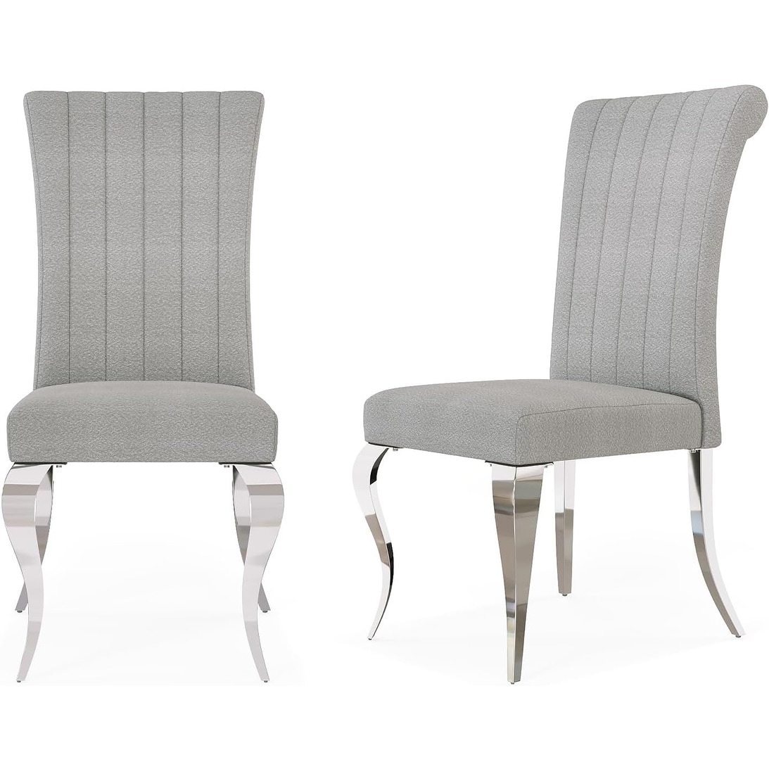 Luxurious Grey Upholstered Dining Chairs with Mirrored Silver Cabriole Legs