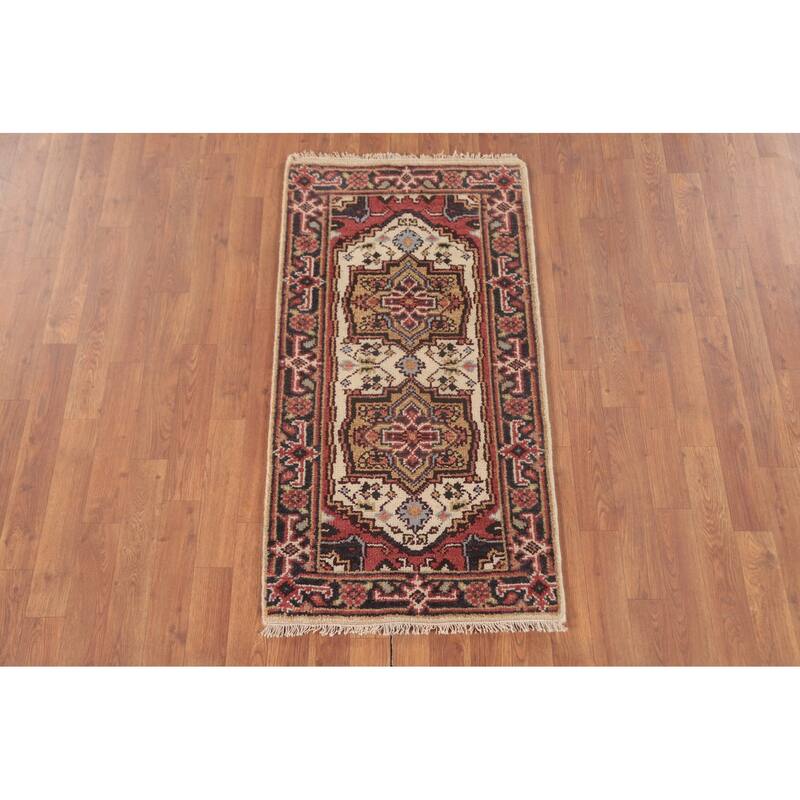 Geometric Heriz-Serapi Accent Rug Handmade Beige Wool Carpet - 2'0"x 4'0"