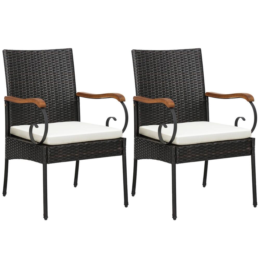 Gymax Set of 2 PE Wicker Chairs Acacia Wood Armrests w/ White Soft