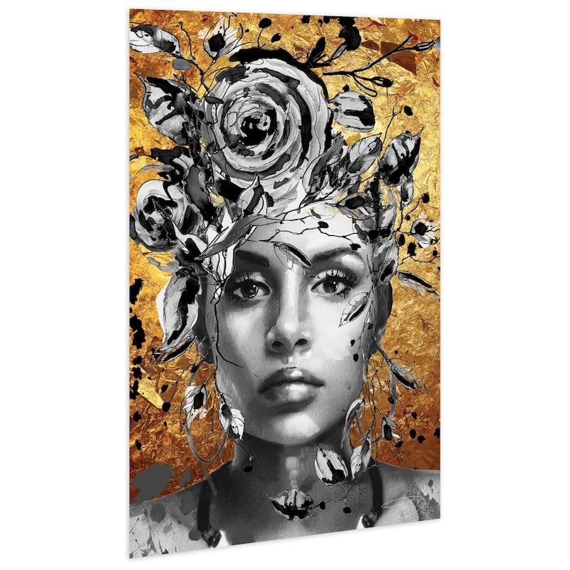 "Beautiful Woman & Flowers" Frameless Free Floating Tempered Glass Panel Graphic Wall Art 32 in. x 48 in.
