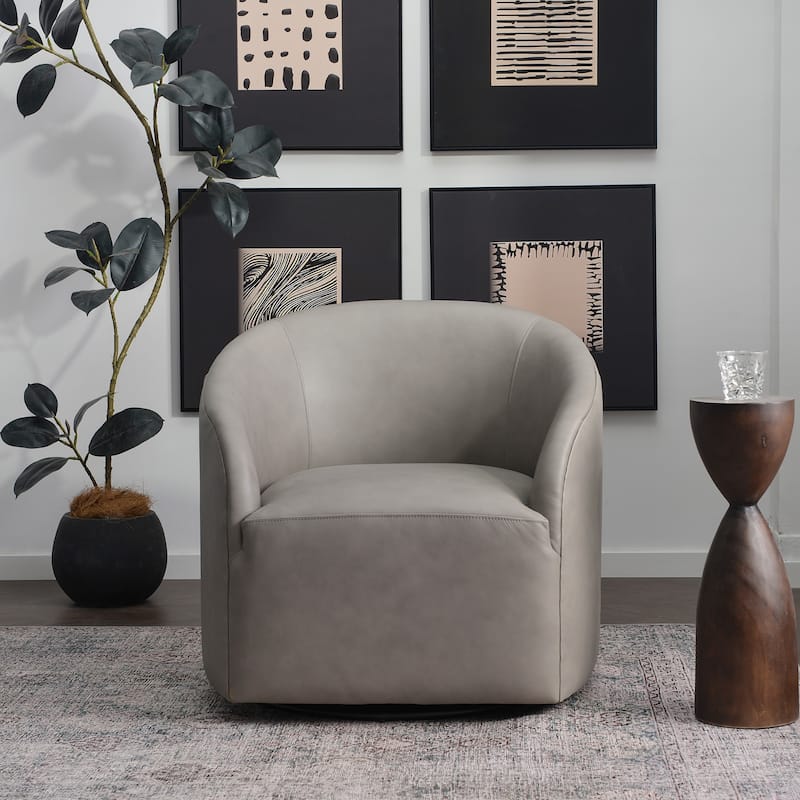 KINWELL 32"W Top Grain Genuine Leather Swivel Barrel Armchair - Light Grey