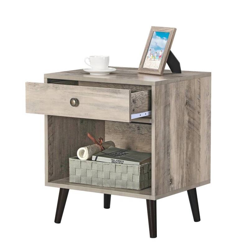 Solid Wood Nightstand with Drawer and Open Shelf