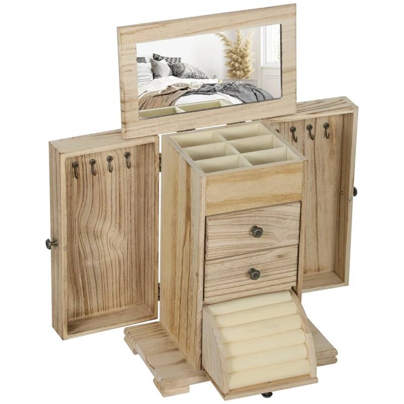 Brown Wooden Jewelry Box with Mirror and Rotating Doors, 4 Tier Storage Drawers for Rings and Necklaces