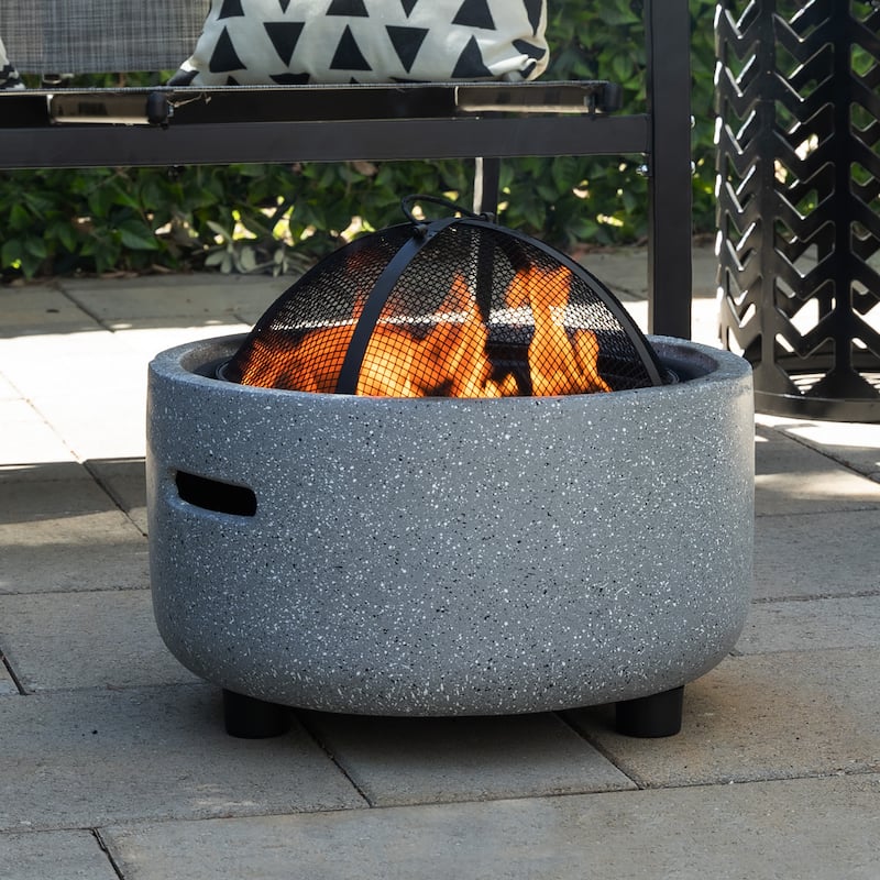 Contemporary Gray Stone Firepit with Lid and Wood Poker