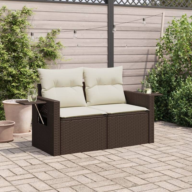 vidaXL Patio Sofa with Cushions 2-Seater Loveseat Modular Couch Poly Rattan - 24.4 x 48.8 x 27.2 in - Brown without storage