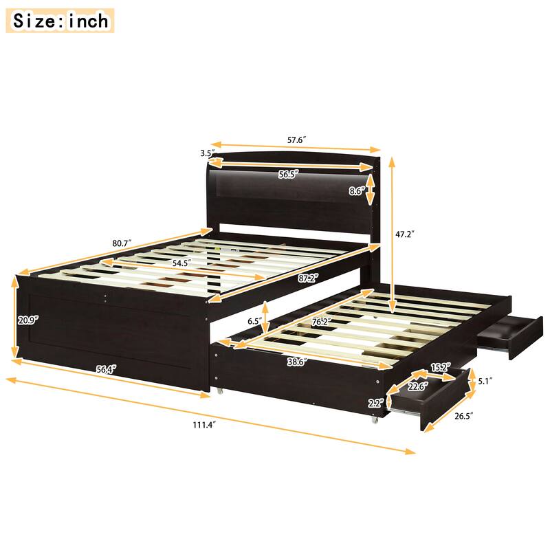 Full XL Size Platform Bed with Storage LED Headboard, Charging Station, Twin Size Trundle, and 2 Drawers