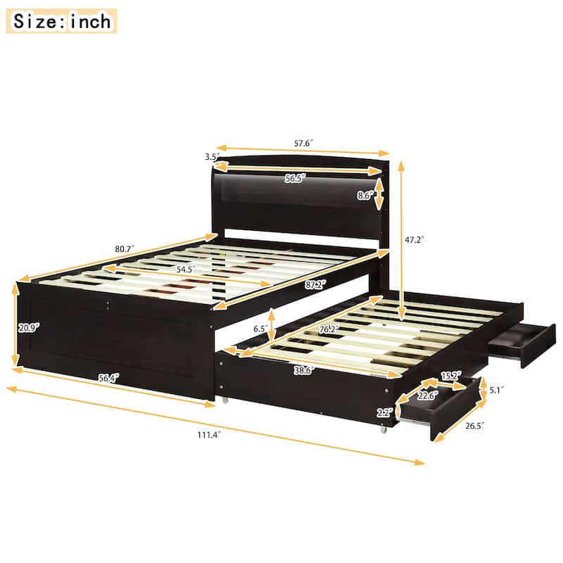 Twin XL/Full XL Size Platform Bed with LED Storage Headboard and Charging Station, Wood Bed Frame w/Twin Size Trundle &2 Drawers