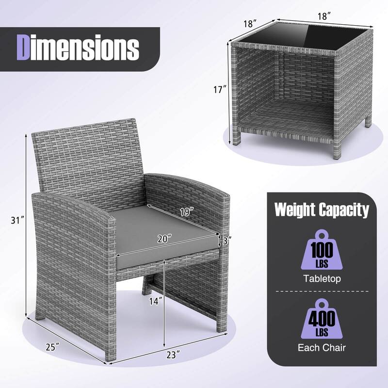 Costway 3 PCS Patio Furniture Set with Tempered Glass Coffee Table & - See Details