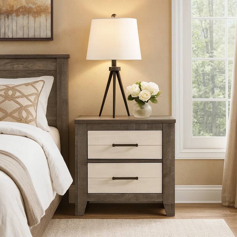 Yaz 25 Inch Modern 2 Drawer Nightstand, Bar Metal Handles, White and Gray