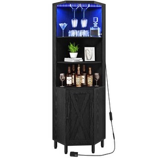 5 Tiers Corner Bar Cabinet Wine Rack Display Shelves with LED Lights and Glass Holder