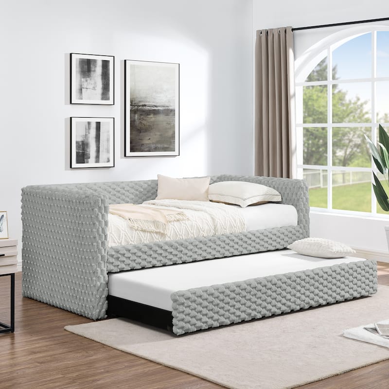 Twin Size Convertible Daybed with Plaid Corduroy Upholstered Sofa Bed Pull-Out Trundle (Space-Saving Design) - DARK GREY