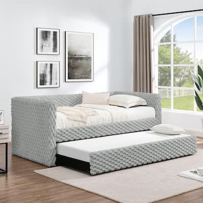 Twin Size Convertible Daybed with Plaid Corduroy Upholstered Sofa Bed Pull-Out Trundle (Space-Saving Design)