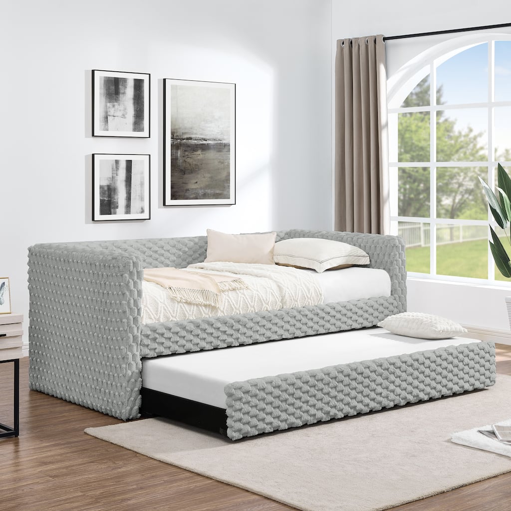 Twin Size Convertible Daybed with Plaid Corduroy Upholstered Sofa Bed Pull-Out Trundle (Space-Saving Design)