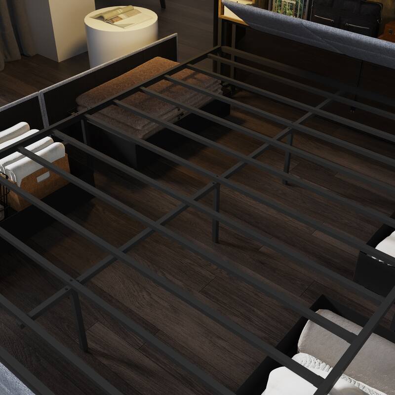 French Queen Size Bed Frame Platform with Brown/Black Storage Headboard & 4 Storage Drawers