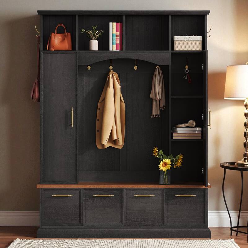 59 in Farmhouse Hall Tree with Golden Hooks & Handles, Walnut Bench, Adjustable Shelves, 76.7 in H Entryway Organizer
