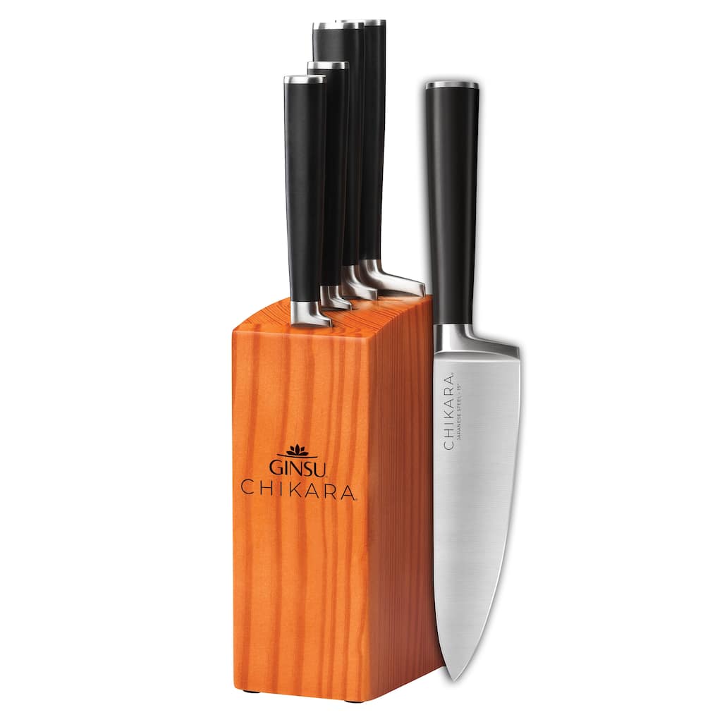 Ginsu Chikara Series Forged 5-Pc 420J Stainless Steel Knife Set, Hardwood Block
