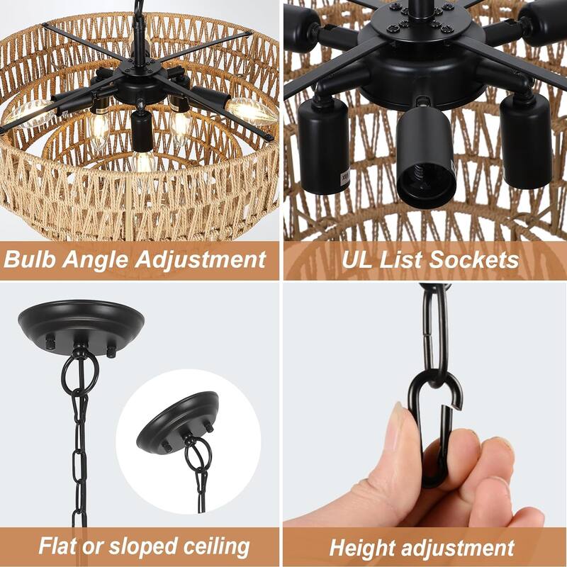 Rattan Chandelier,6-Light Light Fixture, Wicker Pendant Lighting with 4-Tier Woven Lampshade, Large Farmhouse Chandeliers(20")