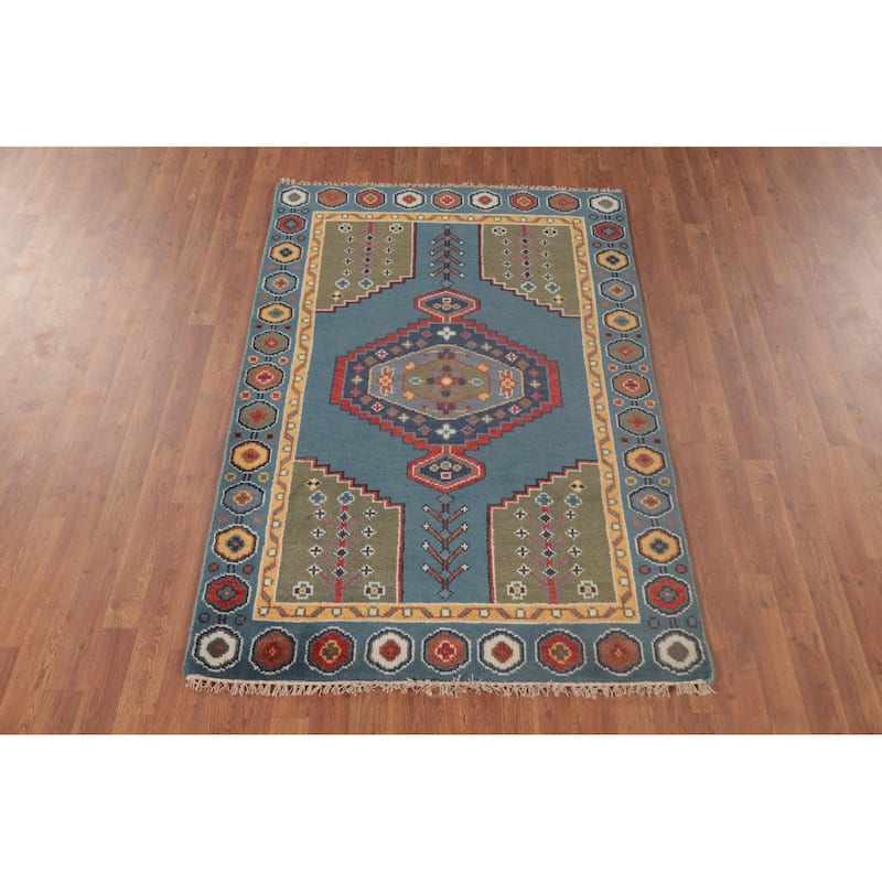 Blue Geometric Kazak Accent Rug Handmade Oriental Wool Carpet - 3'11"x 6'0"