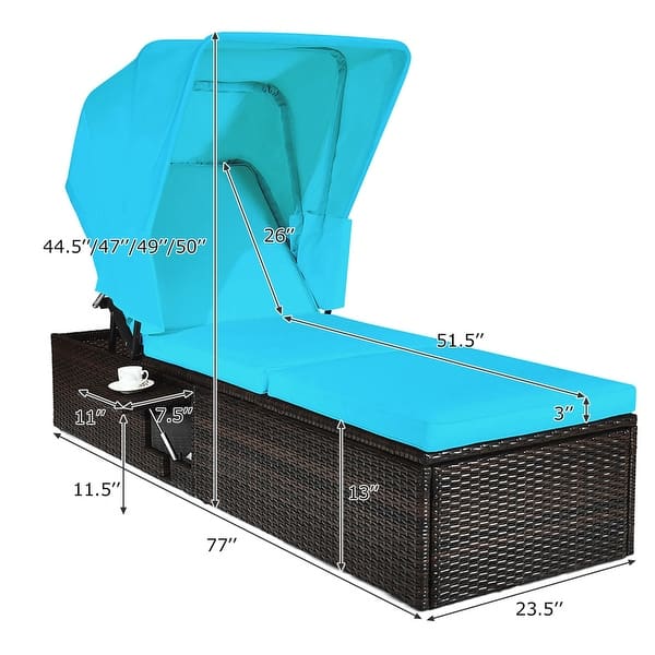 Gymax Rattan Patio Chaise Lounge Chair W/ Adjustable Canopy Turquoise