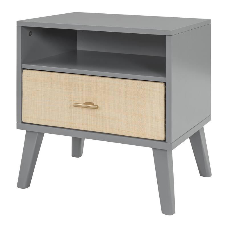 Queen Size Bed Frame, Nightstands & Headboard 3 in 1 Slats Platform Bed with Drawers and Lamps, Rattan Design for Bedroom