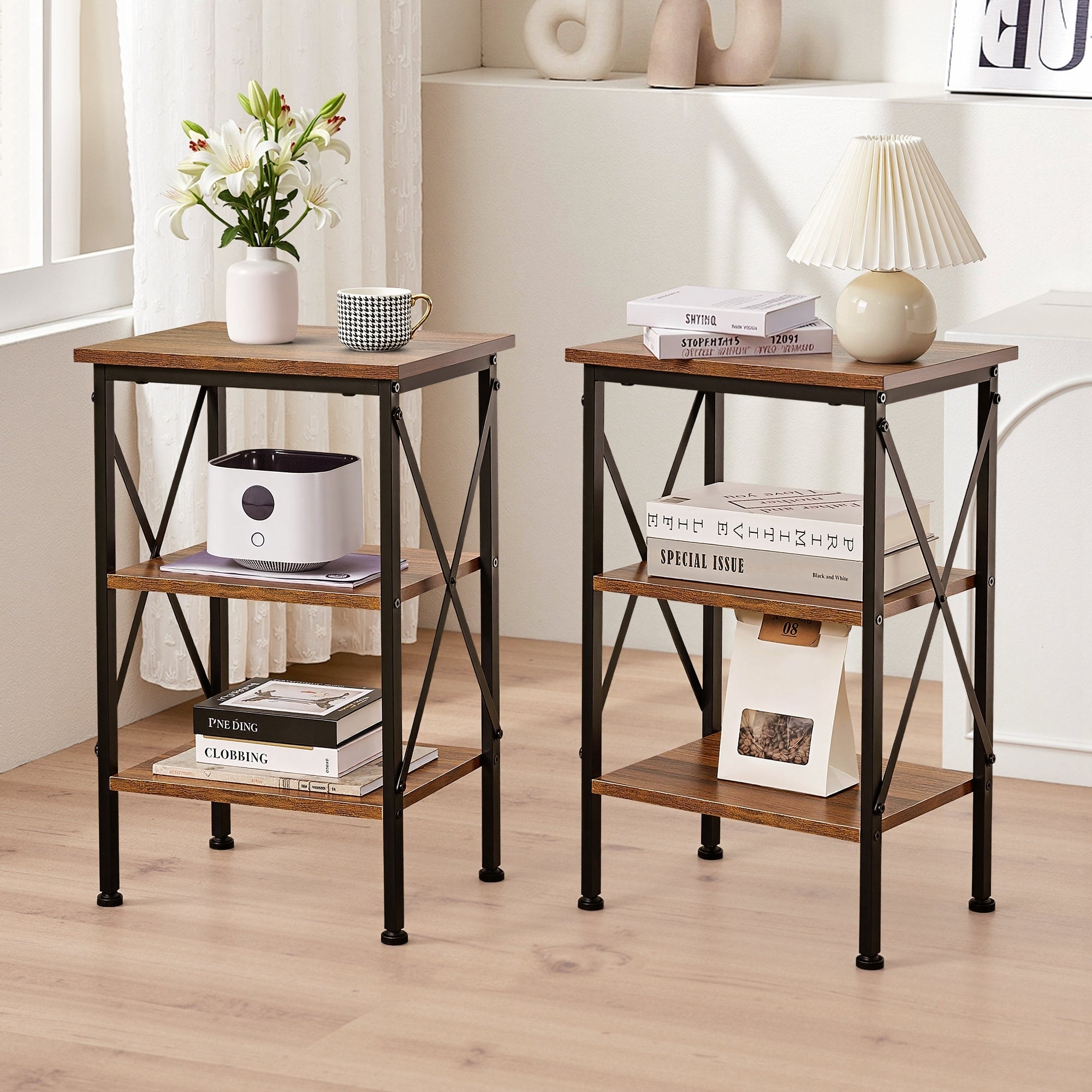 VECELO End Table Set 2pack Open Shelf X-Shaped Side Sofa Table Multifunctional Living Room Bedroom Nightstand Set