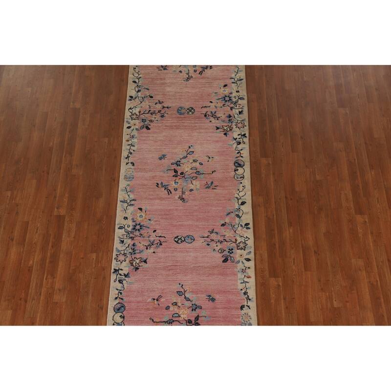 Pink Floral Oushak Vegetable Dye Runner Rug Hand-knotted Wool Carpet - 3'5"x 11'7"