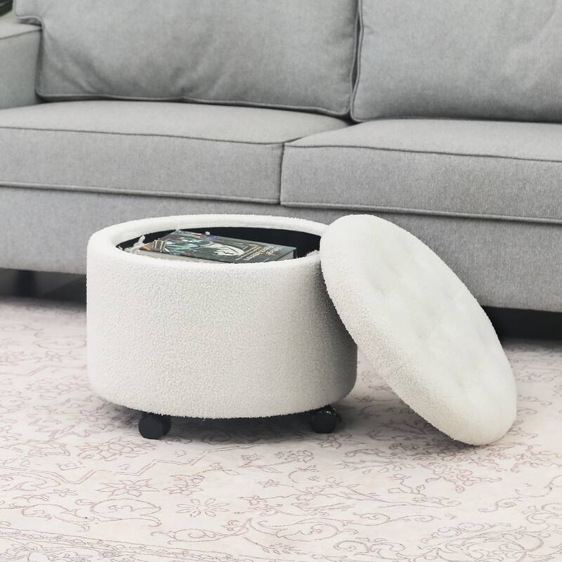 Adeco 20" Wide Button Tufted Round Storage Ottoman with Casters