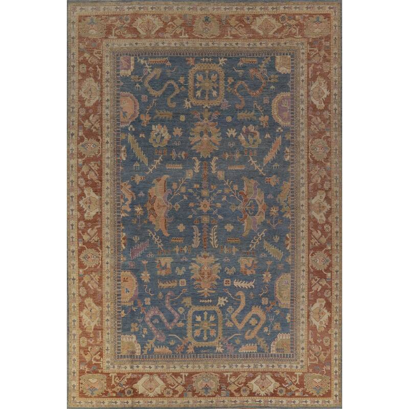 Hand Knotted Oriental 100% Wool Carpet Transitional All-Over Navy Blue & Blues Oushak Area Rug - 13' 11'' X 9' 9''