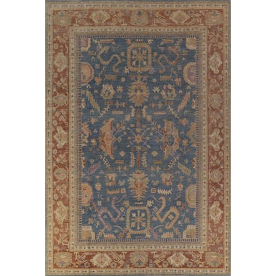 Hand Knotted Oriental 100% Wool Carpet Transitional All-Over Navy Blue & Blues Oushak Area Rug - 13' 11'' X 9' 9''