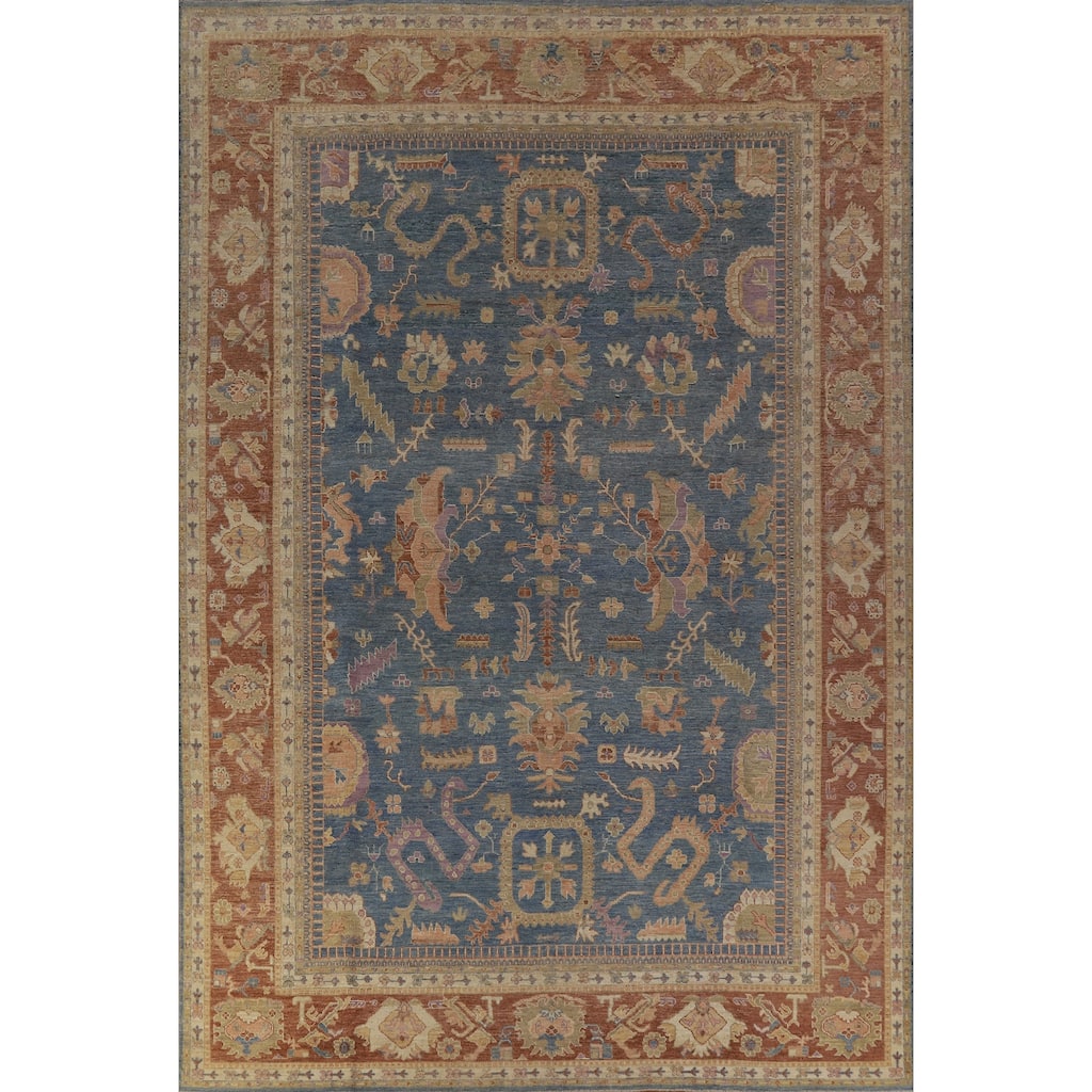 Hand Knotted Oriental 100% Wool Carpet Transitional All-Over Navy Blue & Blues Oushak Area Rug - 13' 11'' X 9' 9''